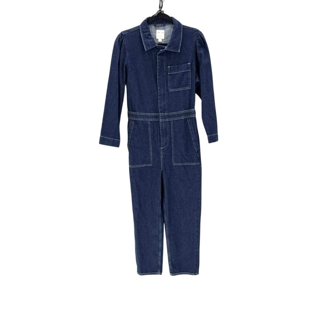 Seventy + Mochi Lorna denim jumpsuit dark blue wash puff shoulders size S